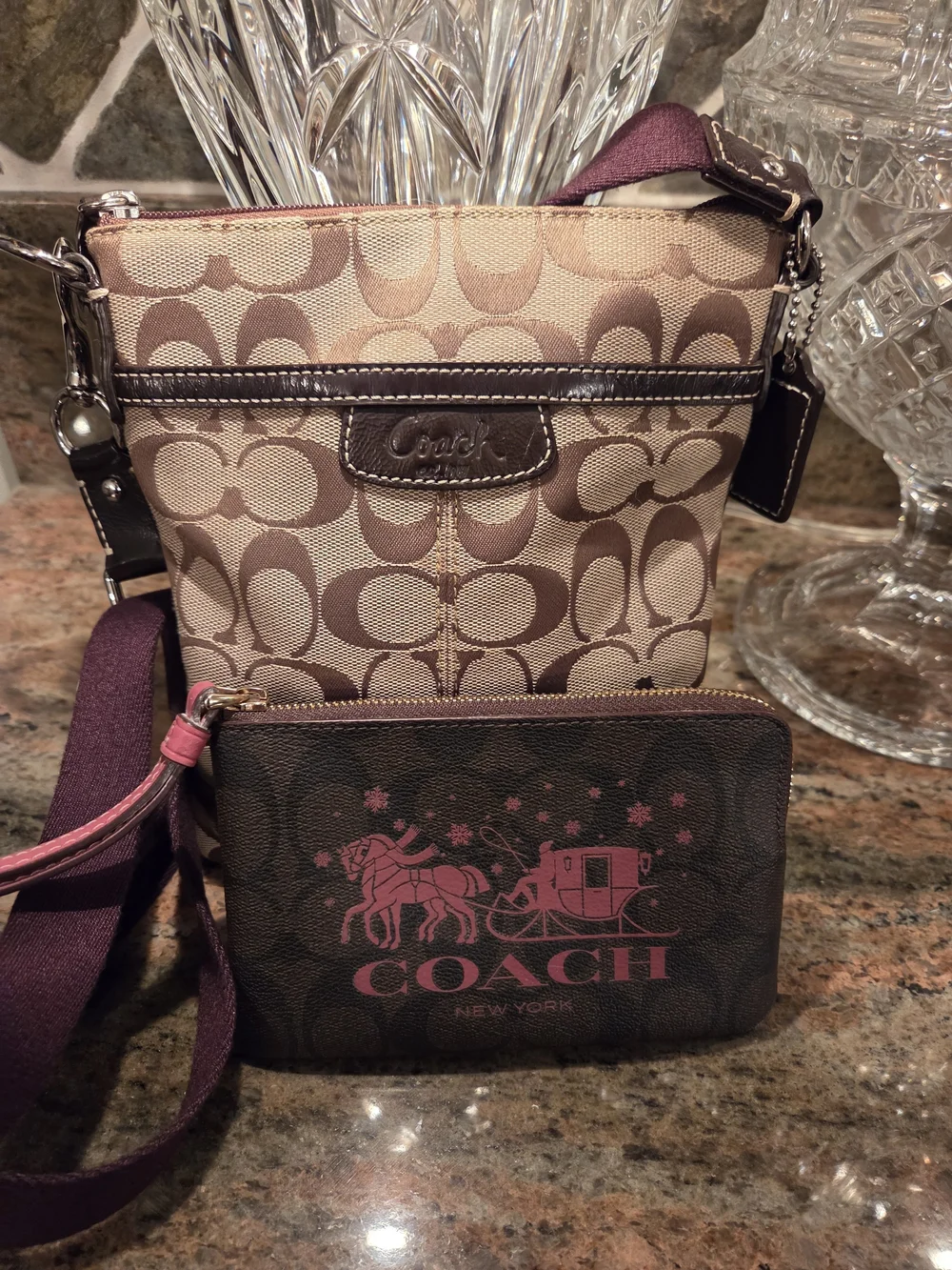 Coach Brown Signature Canvas Crossbody with Brown And Pink-Accent Wristlet